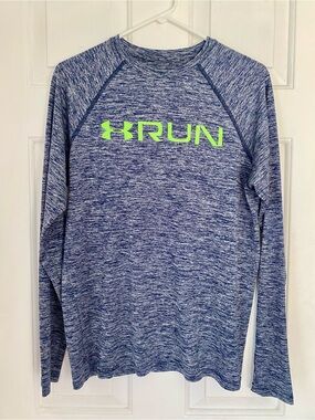 Under Armour Men’s Heather Blue Long Sleeve Run Top with Neon Green Logo